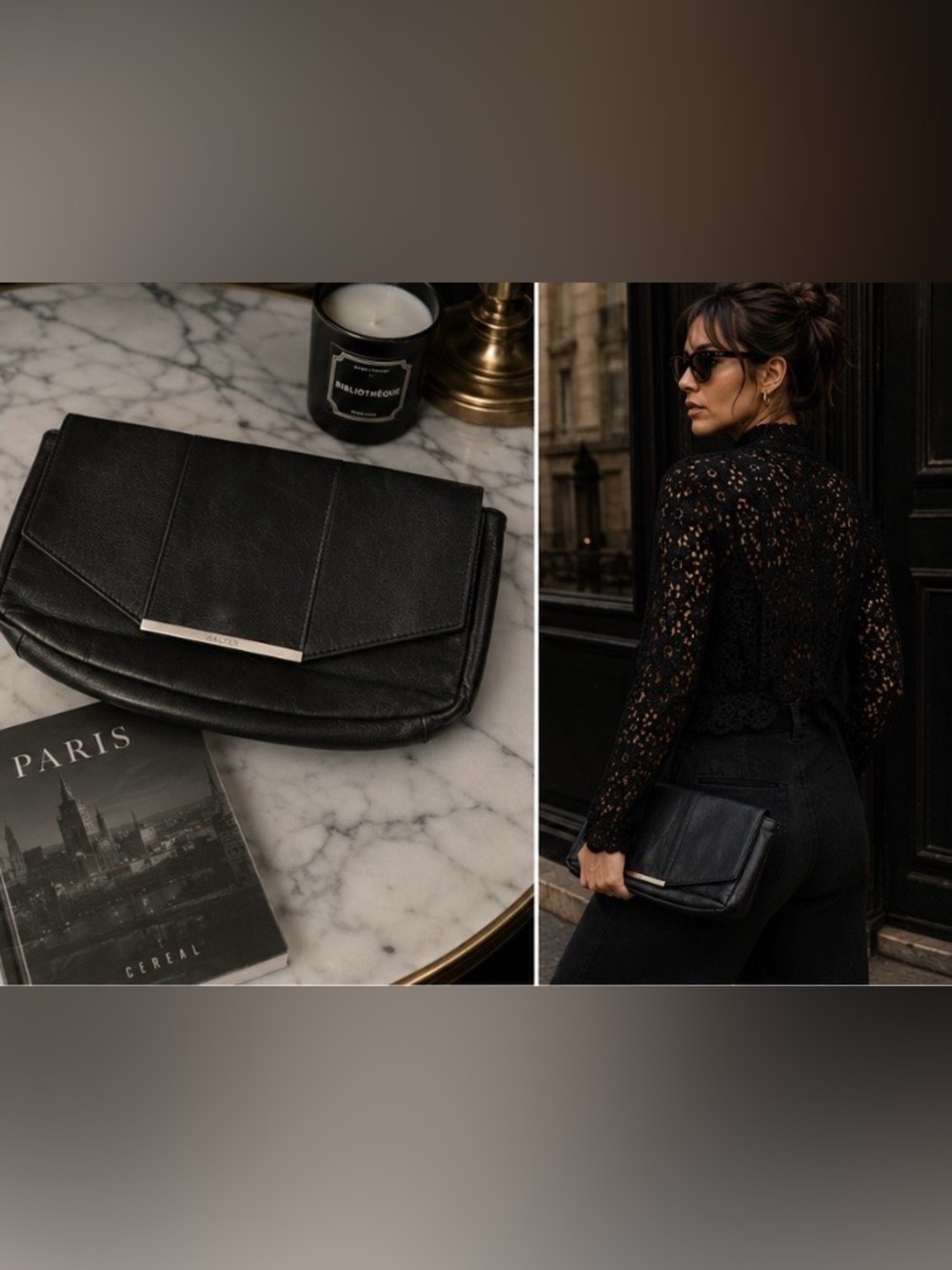 WALTER by Walter Baker Black Leather Envelope Silver Bar Clutch